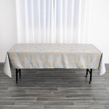 Silver Seamless Rectangle Polyester Tablecloth With Gold Foil Geometric Pattern 60"x102"