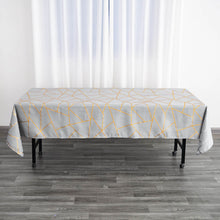 Silver Polyester Tablecloth With Gold Geometric Pattern 60 Inch x 102 Inch