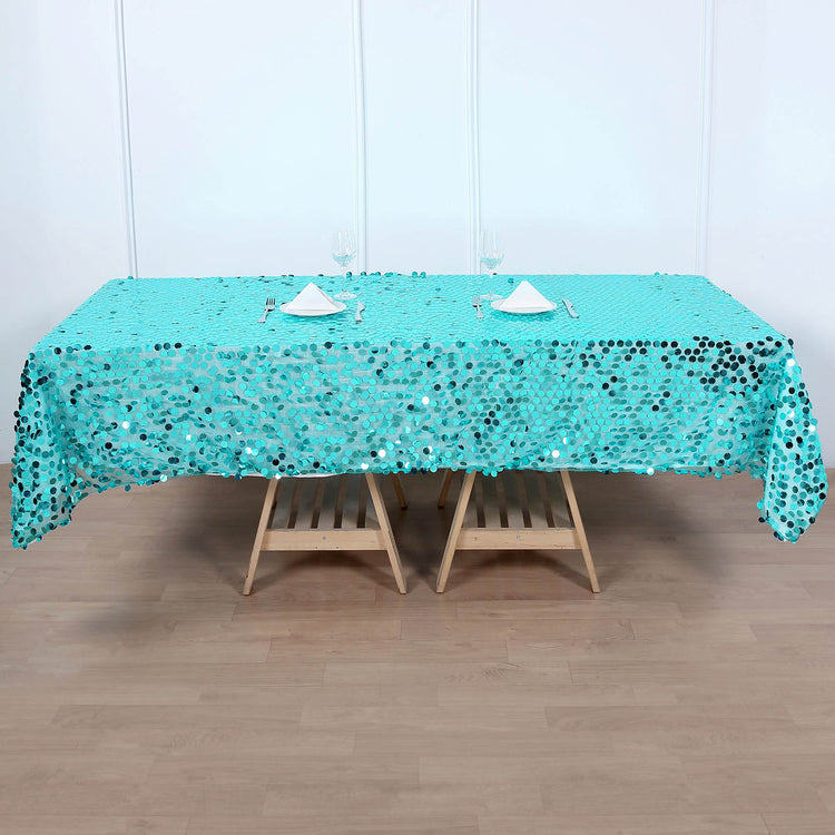 60 Inch x 102 Inch Turquoise Big Payette Sequin Rectangle Tablecloth