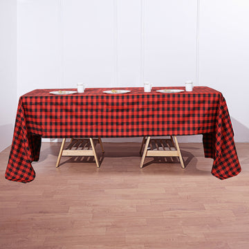 60"x126" | Black/Red Seamless Buffalo Plaid Rectangle Tablecloth, Checkered Polyester Tablecloth