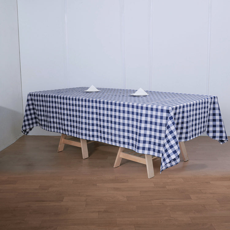 Buffalo Plaid Tablecloth 60 Inch x 126 Inch White Navy Blue Rectangular Polyester
