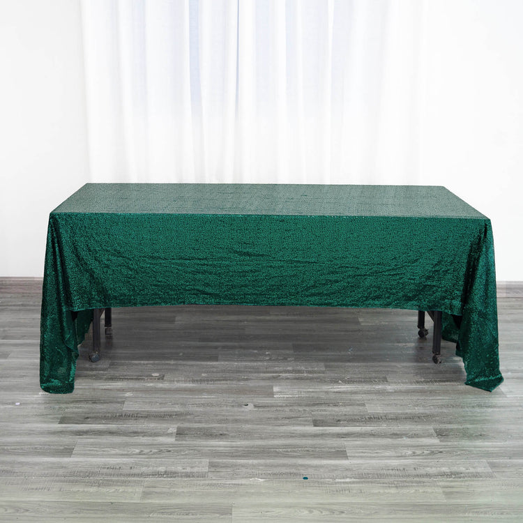 60 Inch by 126 Inch Rectangle Tablecloth With Hunter Emerald Green Seamless Sequin