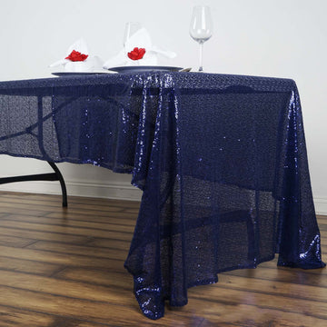 Elevate Your Event with the Navy Blue Seamless Premium Sequin Rectangle Tablecloth 60"x126"