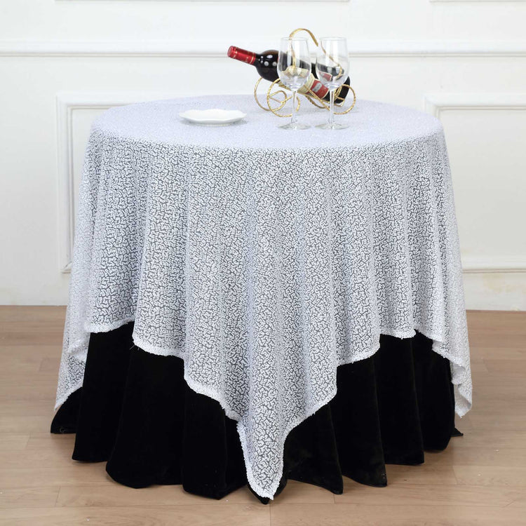 60"x60" Duchess Sequin Tablecloth Overlay, Square Table Overlay - White
