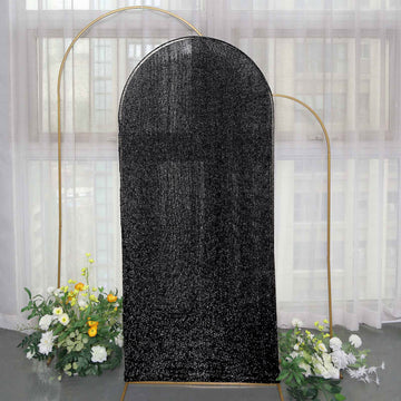 Black Shimmer Tinsel Spandex Wedding Arch Cover For Fitted Round Top Chiara Backdrop Stand 6ft