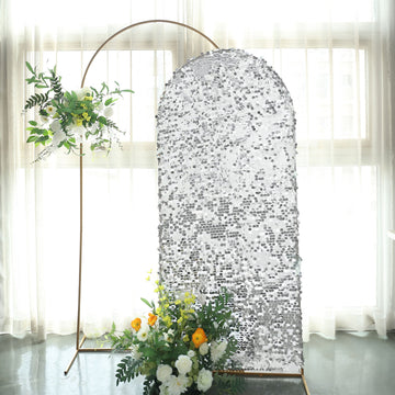 Sparkly Silver Double Sided Big Payette Sequin Fitted Wedding Arch Cover For Round Top Chiara Backdrop Stand 6ft