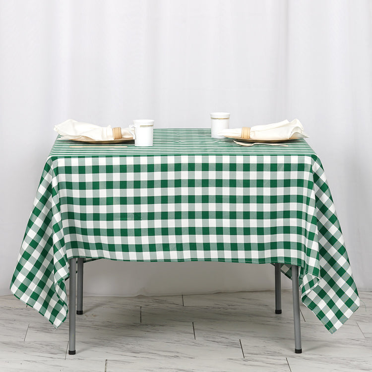 70 Inch x 70 Inch Square White & Green Checkered Gingham Polyester Buffalo Plaid Tablecloth