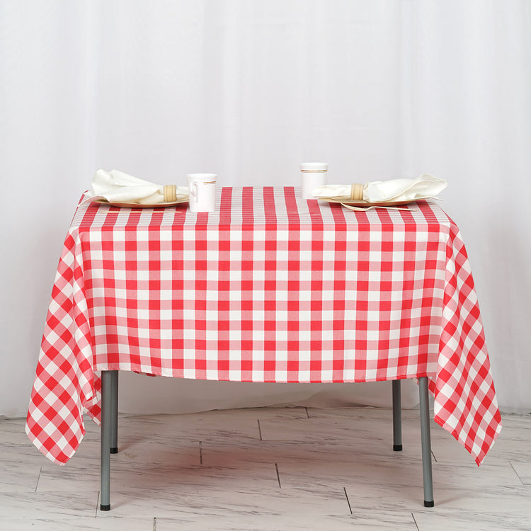 Polyester Buffalo Plaid 70 Inch x 70 Inch Square Tablecloth In White & Red Checkered Gingham