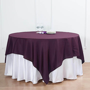 Elevate Your Event Decor with the Eggplant Square Seamless Polyester Table Overlay 70"x70"