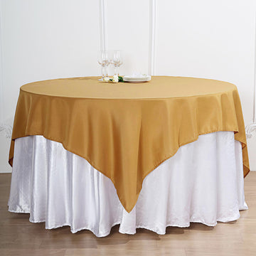 Add Elegance to Your Event with a Gold Square Seamless Polyester Table Overlay 70"x70"