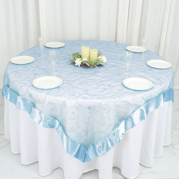 72"x72" Light Blue Embroidered Sheer Organza Square Table Overlay With Satin Edge