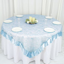 Light Blue Satin Edge Embroidered Organza Square Table Overlay 72 Inch x 72 Inch