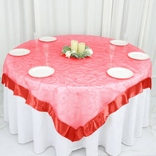 Red Satin Edge Embroidered Organza Square Table Overlay 72 Inch x 72 Inch