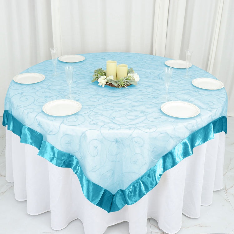 Turquoise Satin Edge Embroidered Organza Square Table Overlay 72 Inch x 72 Inch