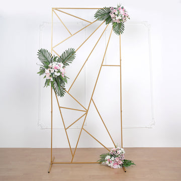 Gold Metal Rectangular Geometric Wedding Backdrop Floor Stand, Flower Frame Prop Stand With Cloudy Film Insert 7ft Tall