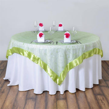 Apple Green Embroidered Sheer Organza Square Table Overlay With Satin Edge 85"x85"