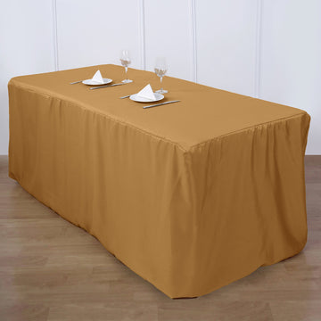 Add Elegance to Your Event with the Gold Fitted Polyester Rectangular Table Cover 8ft