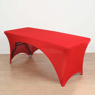 Red fitted table cover on a rectangular table
