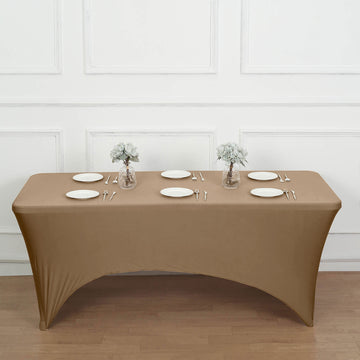 Elegant Taupe Spandex Stretch Fitted Rectangular Tablecloth 8ft
