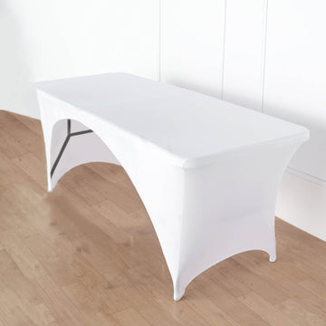 White Open Back Stretch Spandex Table Cover, Rectangular Fitted Tablecloth 8ft