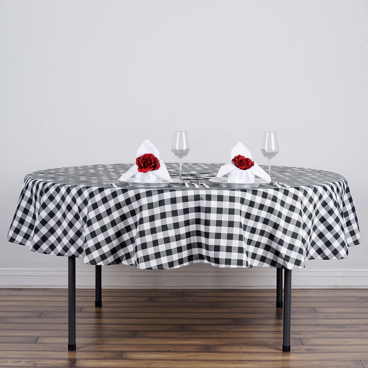 90 Inch Round Buffalo Plaid White & Black Checkered Polyester Tablecloth