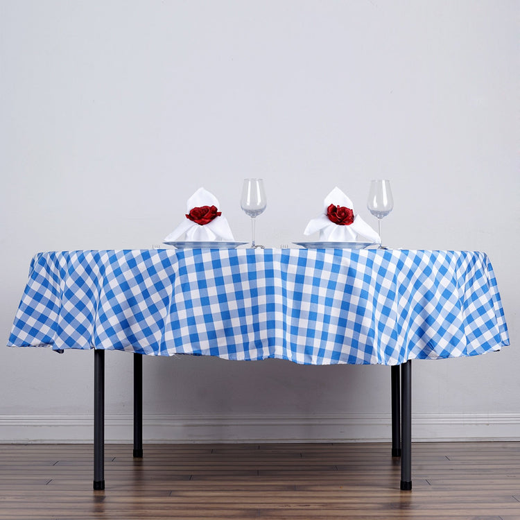 Checkered Polyester Tablecloth In White & Blue 90 Inch Round Buffalo Plaid