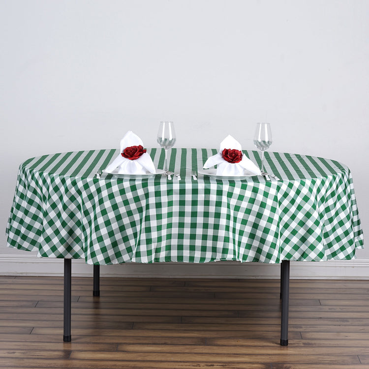 White & Green Buffalo Plaid 90 Inch Round Checkered Polyester Tablecloth