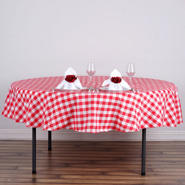 90" | White/Red Seamless Buffalo Plaid Round Tablecloth, Gingham Polyester Checkered Tablecloth