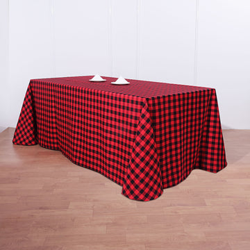 Black/Red Seamless Buffalo Plaid Rectangle Tablecloth, Checkered Polyester Tablecloth 90"x132" for 6 Foot Table With Floor-Length Drop