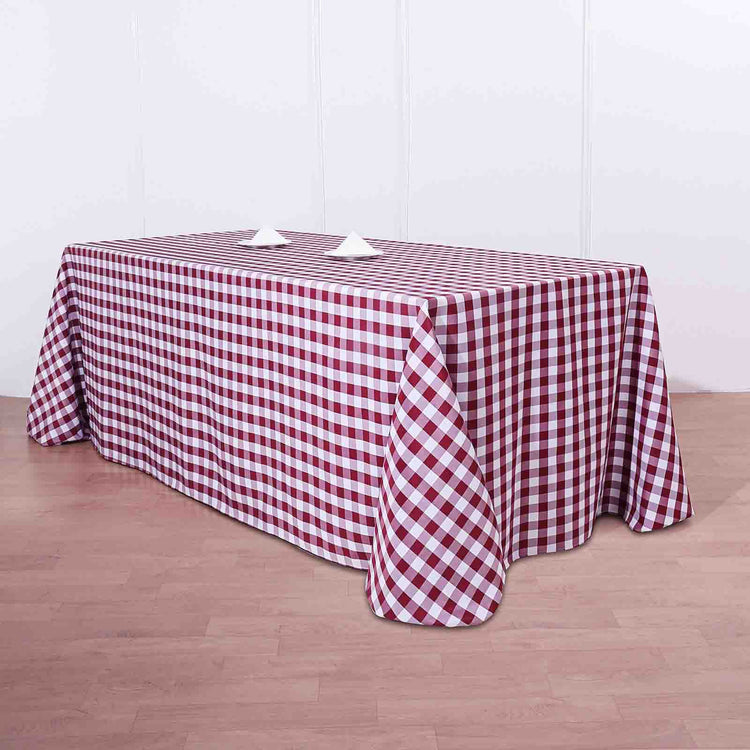 90 Inch x 132 Inch Rectangular White & Burgundy Checkered Polyester Linen Buffalo Plaid Tablecloth