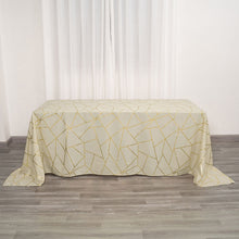 Beige Polyester Rectangle Tablecloth With Gold Foil Geometric Pattern 90 Inch x 132 Inch 