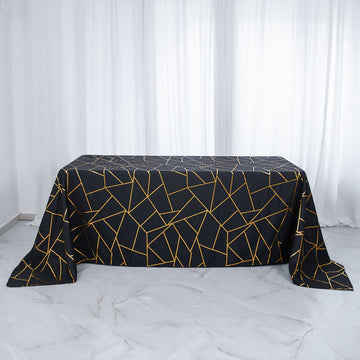 90"x132" Black Seamless Rectangle Polyester Tablecloth With Gold Foil Geometric Pattern