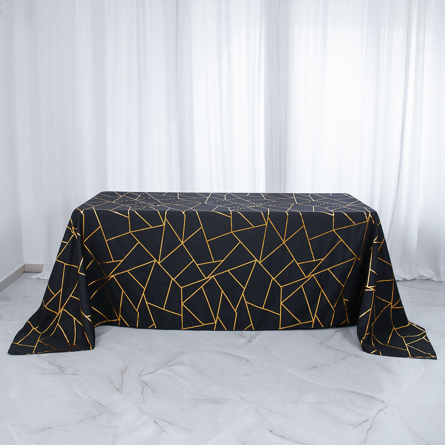 90 Inch x 132 Inch Black Rectangle Polyester Tablecloth With Gold Foil Geometric Pattern