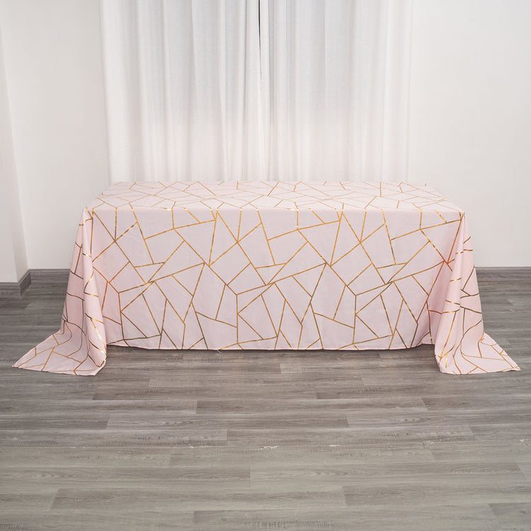90 Inch x 132 Inch Rectangle Blush Rose Gold Polyester Tablecloth With Gold Foil Geometric Pattern