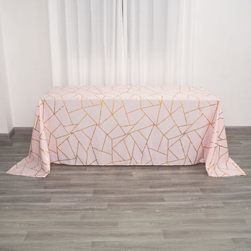 Blush Seamless Rectangle Polyester Tablecloth With Gold Foil Geometric Pattern 90"x132" for 6 Foot Table With Floor-Length Drop