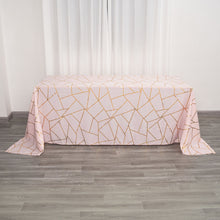 90 Inch x 132 Inch Rectangle Blush Rose Gold Polyester Tablecloth With Gold Foil Geometric Pattern