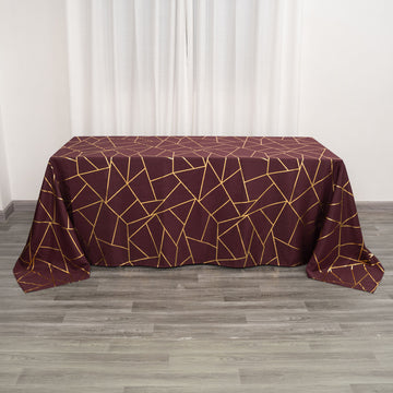 Burgundy Seamless Rectangle Polyester Tablecloth With Gold Foil Geometric Pattern 90"x132"