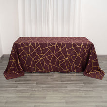 90 Inch x 132 Inch Burgundy Polyester Tablecloth With Gold Foil Geometric Pattern