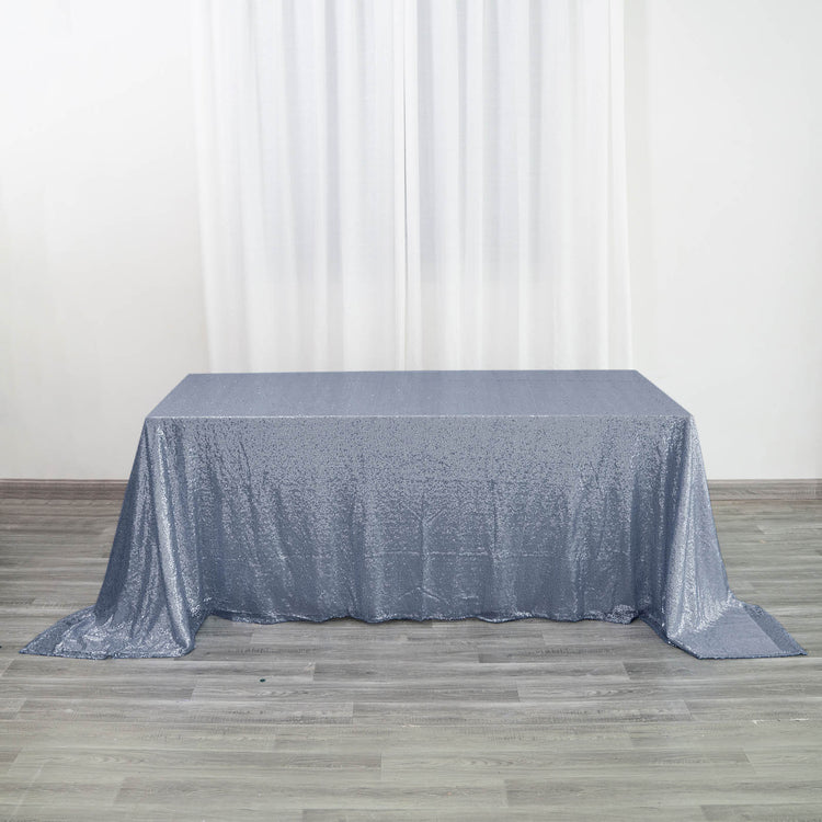 90 Inch By 132 Inch Rectangle Tablecloth With Dusty Blue Seamless Sequin