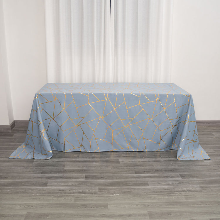 90 Inch x 132 Inch Polyester Dusty Blue Tablecloth With Gold Foil Geometric Pattern