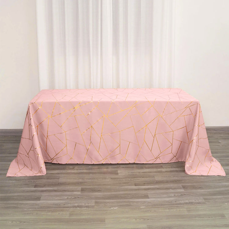 90 Inch x 132 Inch Dusty Rose Rectangle Polyester Tablecloth With Gold Foil Geometric Pattern