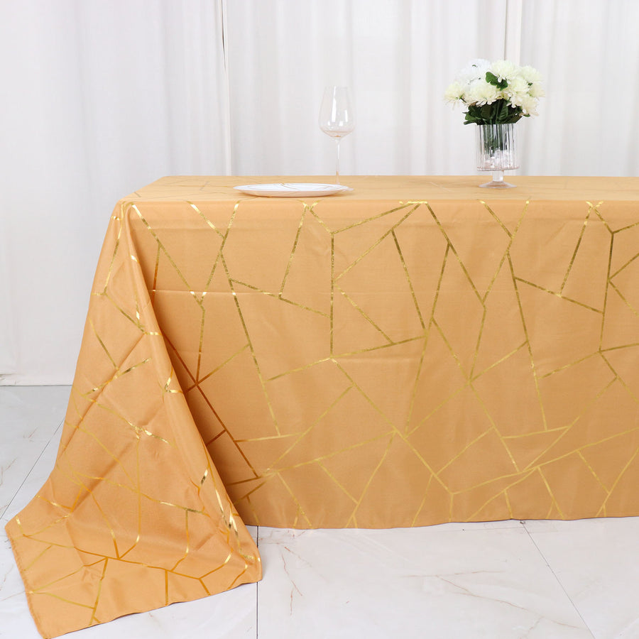 90 Inch x 132 Inch Gold Rectangle Polyester Tablecloth with Gold Foil Geometric Pattern