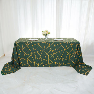 Hunter Emerald Green Seamless Rectangle Polyester Tablecloth With Gold Foil Geometric Pattern 90"x132"