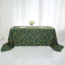 90 Inch x 132 Inch Rectangle Polyester Tablecloth Hunter Emerald Green With Gold Foil Geometric Pattern