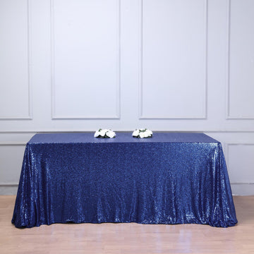 Elevate Your Event with the Navy Blue Seamless Premium Sequin Rectangle Tablecloth 90"x132"