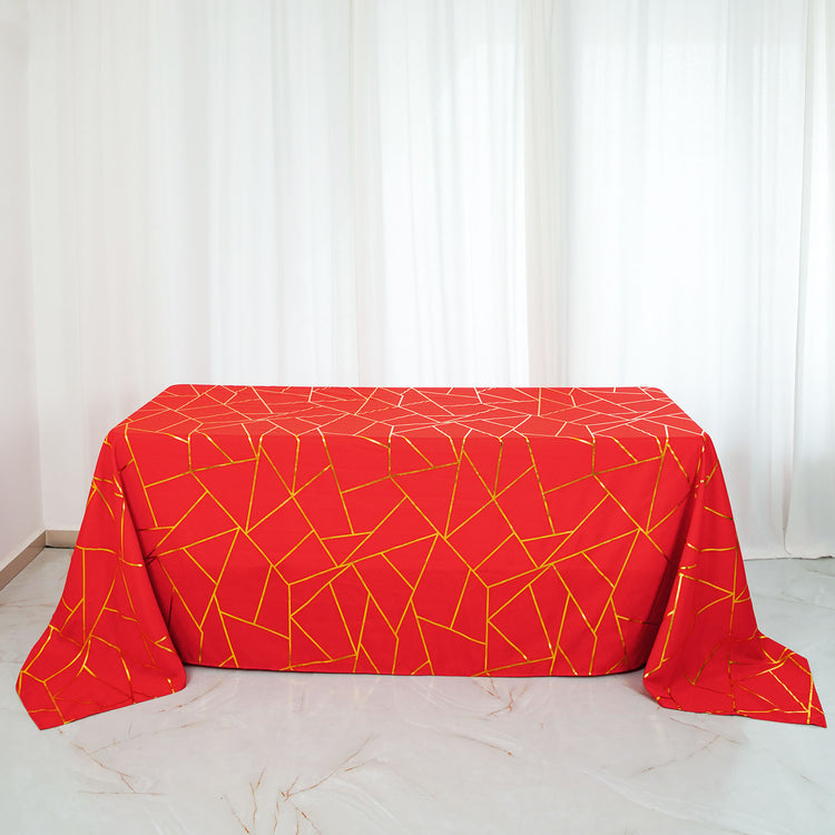 Red Polyester Tablecloth With Gold Foil Geometric Pattern 90 Inch x 132 Inch Rectangle
