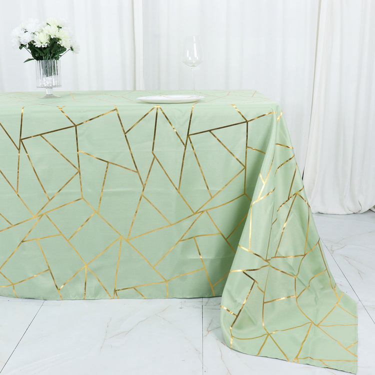 90 Inch x 132 Inch Sage Green Rectangle Polyester Tablecloth with Gold Foil Geometric Pattern