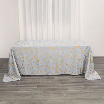 Silver Seamless Rectangle Polyester Tablecloth With Gold Foil Geometric Pattern 90"x132"