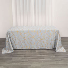 90 Inch x 132 Inch Polyester Tablecloth With Gold Foil Geometric Pattern In Silver