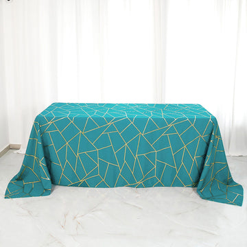 90"x132" Teal Seamless Rectangle Polyester Tablecloth With Gold Foil Geometric Pattern